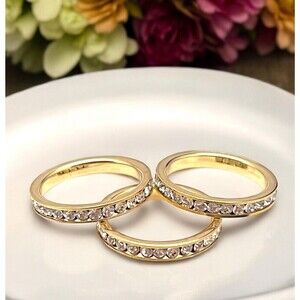 New Boutique Ring Size 6.5 Three Stackable Bands Gold Simulated Diamonds 2P